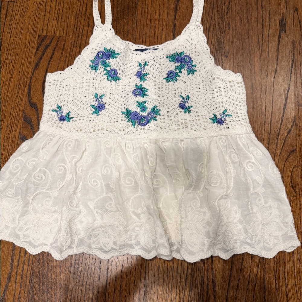 FRESHMAN brand - White Crocheted Tank Top with Blue & Teal Floral Embroidery